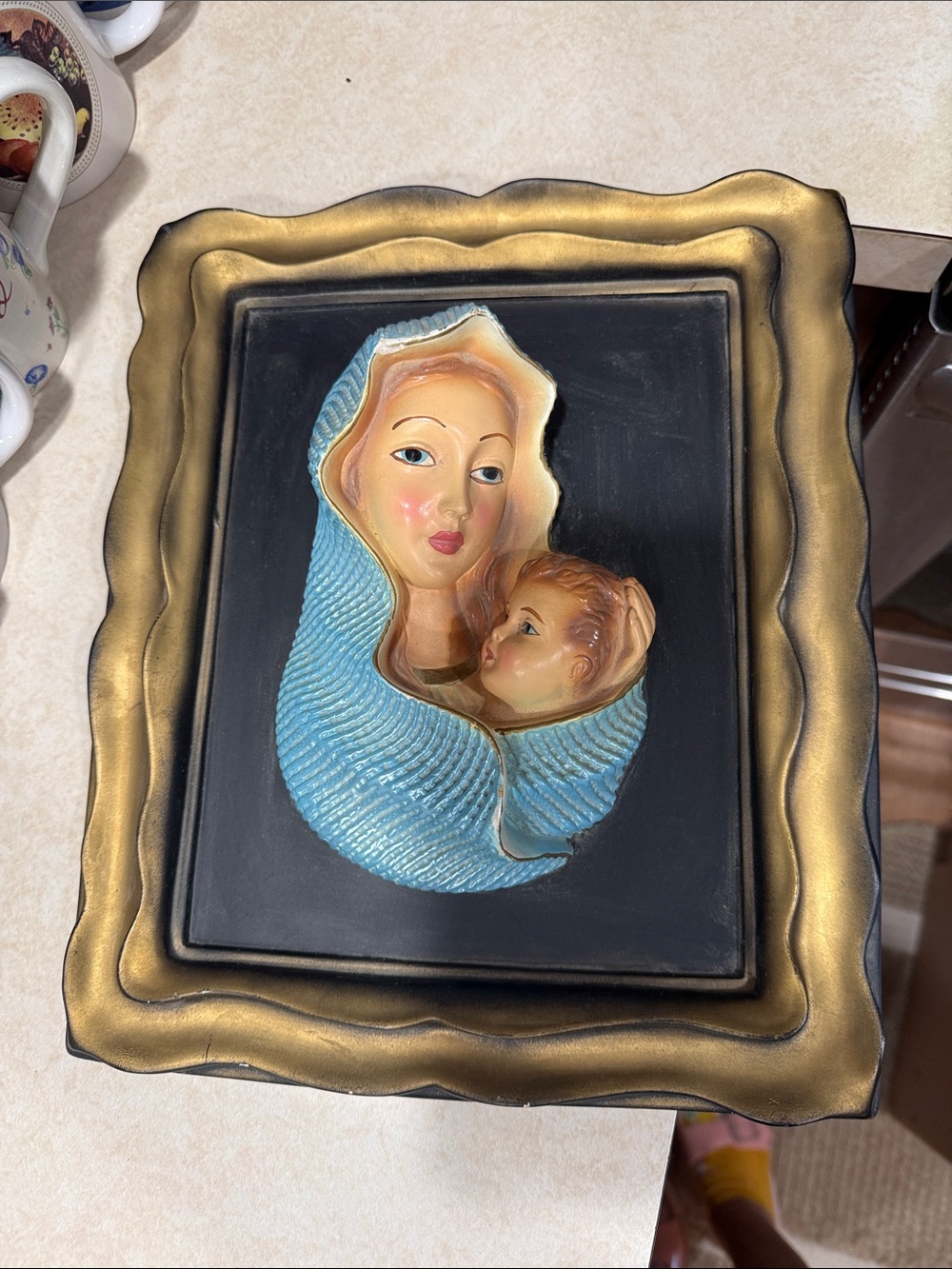 Vintage Madonna and Child Wall Plaque in Blue and Gold